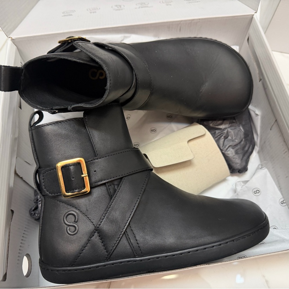 Shapen Barefoot Black Ankle Boots with Gold Buckle - wide and extra wide fit - Picture 6 of 10